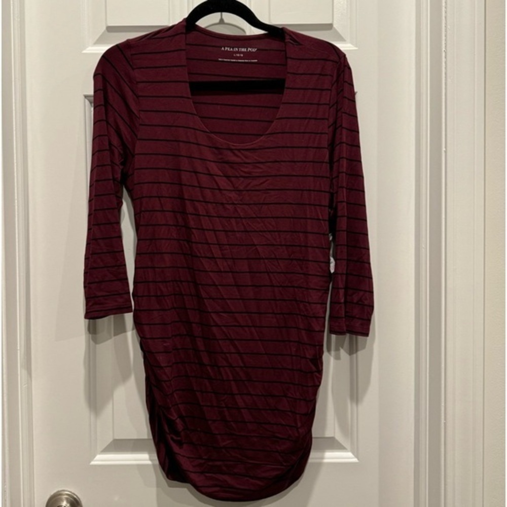 Pea in the Pod shirt maternity 3/4 sleeve stripe tunic, ruching maroon and black